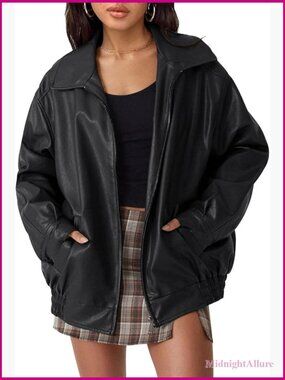 Oversized Faux Leather Bomber Jacket Zip Up Moto Coat